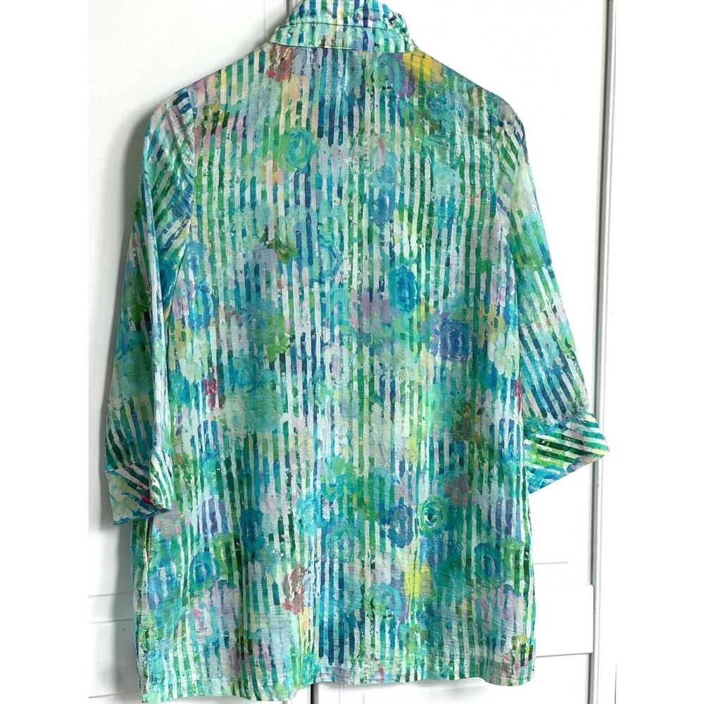 Terra SJ Watercolor Stripe Ruffle Collar Button Up Green Art to wear tunic - Picture 6 of 12